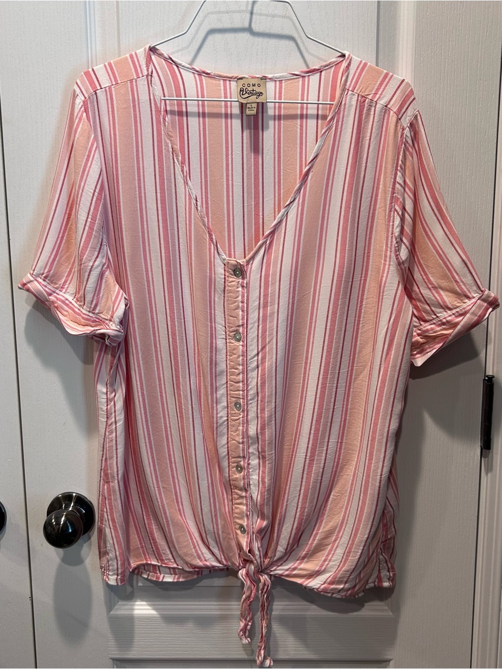 COMO Vintage Striped Tie Front Blouse Large Pink Coral Cuffed Sleeve V-Neck Top